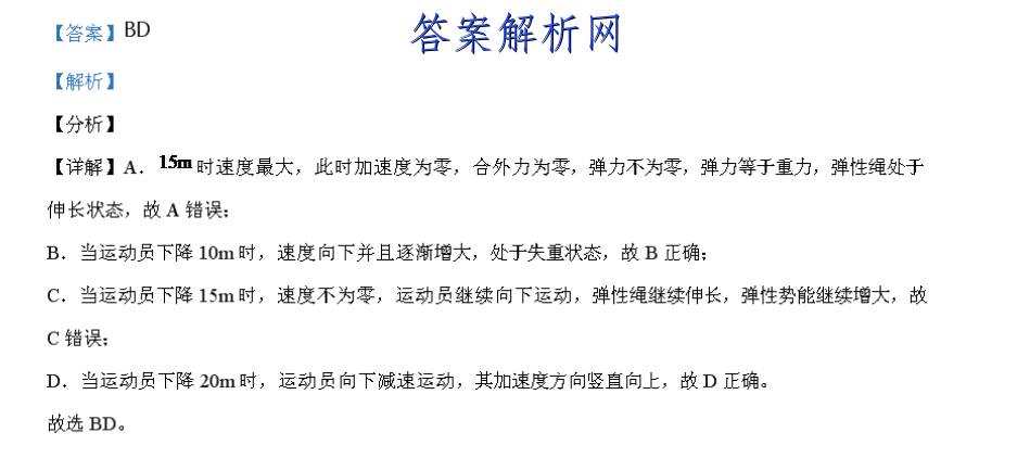 15m時速度最大,此時加速度為零,合外力為零,彈力不為零,彈力等於重力